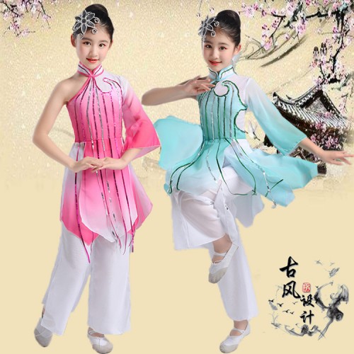 Girls chinese folk dance costumes kid children pink mint ancient fairy fan umbrella dance dresses